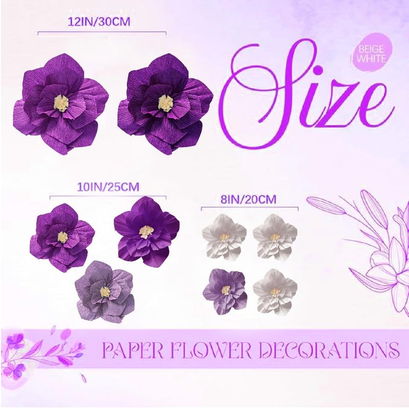 Linnoptimix 9 PCS Purple Paper Flowers Artificial Crepe Tissue White Wall Décor Wedding Birthday Bridal Baby Shower Classroom Nursery Room Backdrop Centerpieces Party Decorations Supplies (Purple (9PCS)) - Image 1